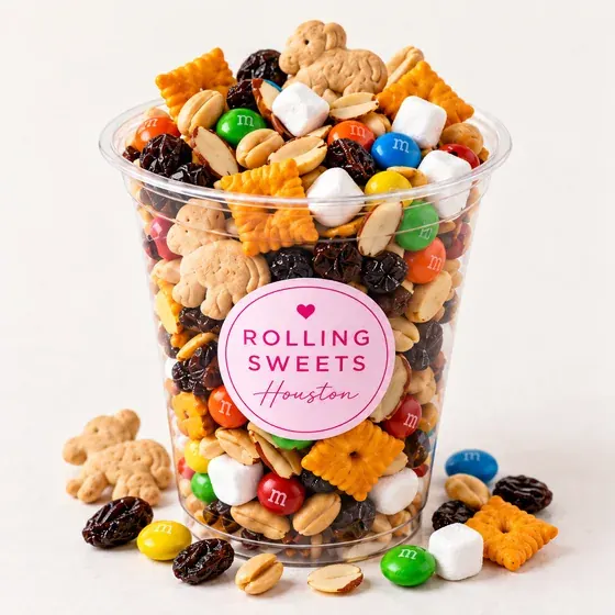 Rolling Sweets Houston trail mix cup with nuts, raisins, candy and marshmallows